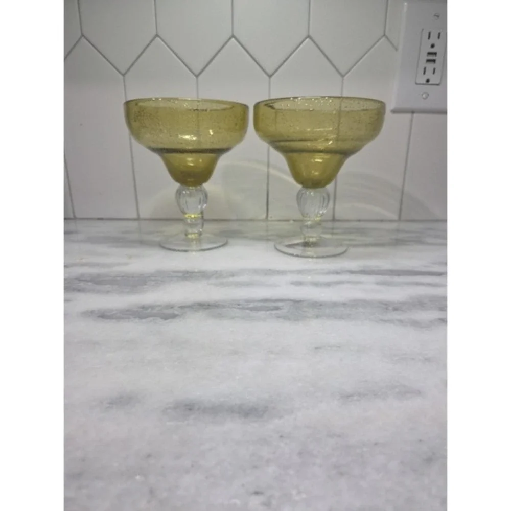Pier 1 Hand Blown Margarita Glasses, Amber Bubble Design, Set of 2, Cocktail‎